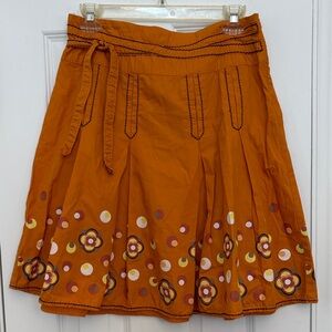 Promod Orange‎ Pleated A-Line Skirt with Floral Accents